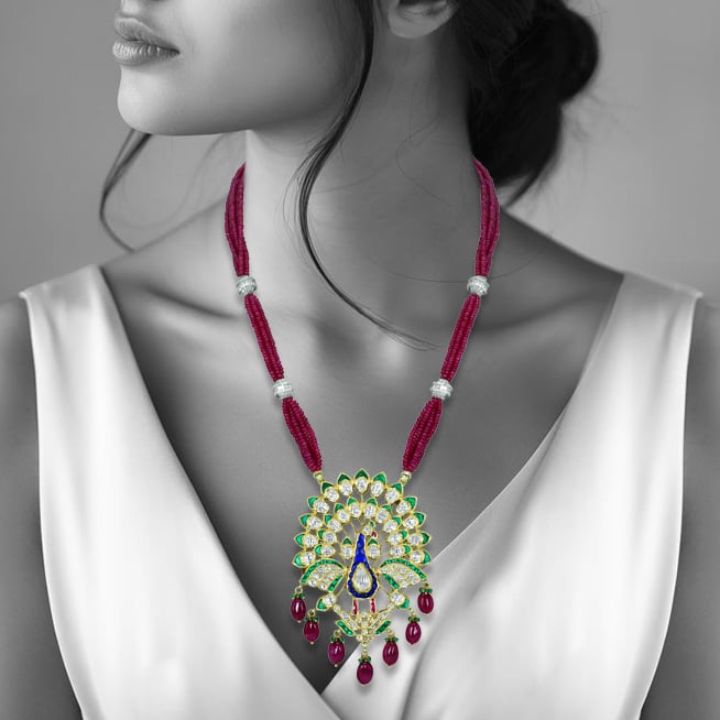 Peacock Pendant Necklace with Polki, Green Enamel, and Ruby Drops